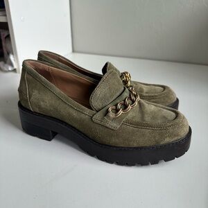 Sam Edelman army green Taelor Lug Sole loafers suede with gold chain